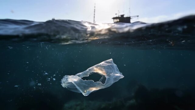 Split shot of ocean plastic pollution showing a discarded plastic bag drifting underwater with a blurred boat silhouette on the surface during a sunny day
