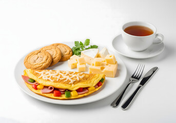 cheese omelette, with bell peppers, ham, and condiments, a side of an assortment of cheeses, and a dessert of freshly baked cookies. Vietnamese tea