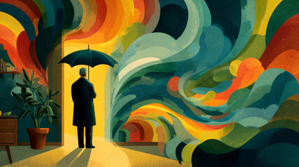 Surreal Conceptual Art of a Man with Umbrella and Vibrant Color Vortex