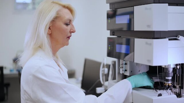 Close up woman scientist in rubber gloves puts the vial to HPLC system with auto sampler. Chemical and clinical analysis
