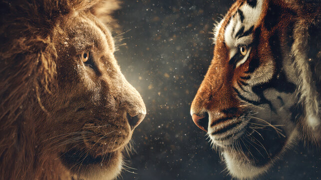 Majestic lion and fierce tiger facing each other in a dramatic close encounter with soft glowing particles highlighting the intense contrast between two apex predato