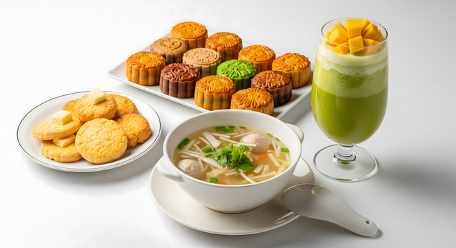 conpoy soup, a side of some biscuits and butter, and a dessert of 10 mooncakes of different flavors. A tall glass of the finest green mango smoothie