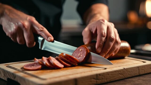 Slicing soli or smoked sausage on a wooden cutting board. Close-up of the knife and the texture of the meat in warm studio lighting.