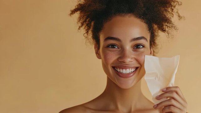 Smiling woman holds a sanitary pad. A promotional video for health and wellness, emphasizing the simplicity of personal hygiene routines during menstruation.