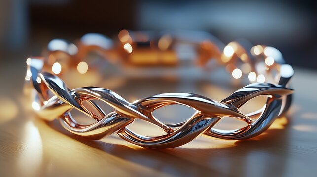 A modern bracelet with interlocking rose gold and platinum loops, glowing softly under warm light 