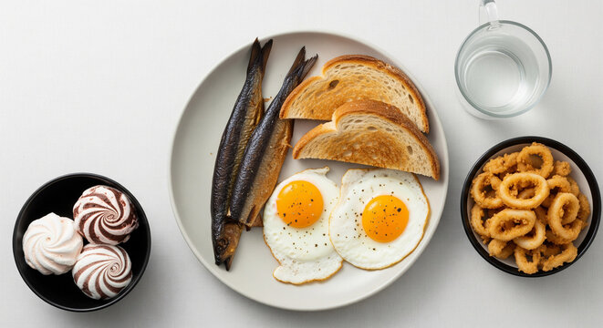 kippers, toast, and fried eggs, a side of a small platter of calamari, and a dessert of 2 scoops of marshmallow & chocolate ice cream. Some hot water