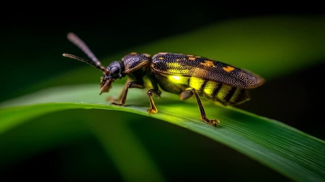 Close up of a beetle on a green leaf against a dark background