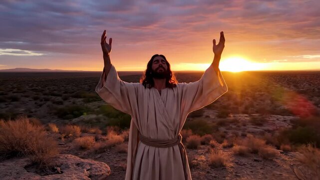 Jesus Christ standing in the desert at sunset. Man in biblical robe raising hands in prayer under a dramatic sky. Christian faith and spirituality concept