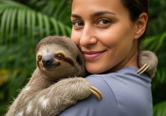 Naklejka premium Woman smiling and holding a cute sloth on her shoulder in a lush green environment