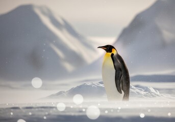 Obraz premium Majestic emperor penguin stands alone in a snowy Antarctic landscape with soft bokeh lights