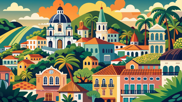 Very beautiful overlook of colonial Olinda with colorful historic buildings, rolling hills, and Recife city in the background, reflecting Brazilian heritage, culture, and coastal urban charm.