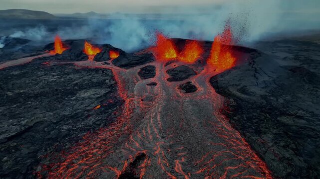 Aerial view of active volcano craters with flowing laa rivers