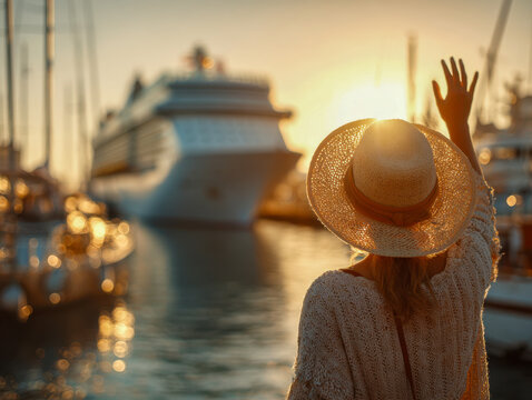 Woman in sun hat waving goodbye to a cruise ship at sunset in a marina filled with boats and golden reflections on the water surface