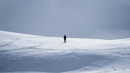 Person standing alone in serene snowy landscape with cloudy sky