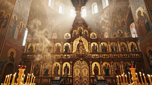 Sunbeams shining through the dome of an Orthodox church. Ornate golden iconostasis with rising incense smoke. Religious architecture and spirituality concept