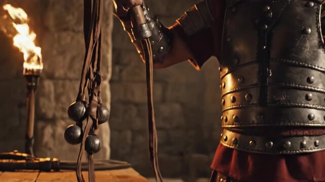 Roman soldier picking up a leather whip from a wooden table. Ancient Roman legionary in full armor holding a flagrum in a torchlit room. Historical military concept
