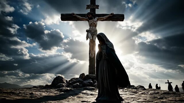 Silhouette of Mary praying at the foot of the cross. Jesus Christ crucifixion scene on Golgotha hill. Dramatic sky with sunbeams. Religious faith and sacrifice concept