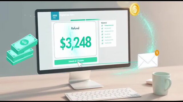 A desktop computer screen displays a successful online tax refund of $3,248 with animated digital money stacks, a coin, and a new email notification, highlighting efficient financial management and