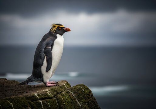 Rockhopper penguin with distinctive yellow crest stands on mossy cliff overlooking ocean