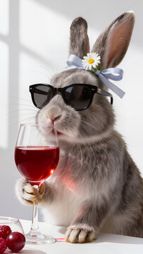 Funny easter bunny wearing sunglasses and floral headband drinking red wine at table. Concept of easter humor, absurd celebration, and playful holiday