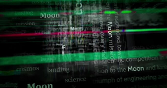 Moon landing and exploration headline news titles across media. Abstract concept displays loop. Flight between screens with glitch effect seamless and looped 3d.