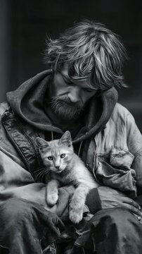 An emotional scene of a homeless man and his feline companion, evoking themes of humanity, love, and the harsh reality of poverty.