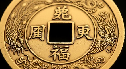 Detailed close-up of a golden Chinese coin with intricate designs & square center