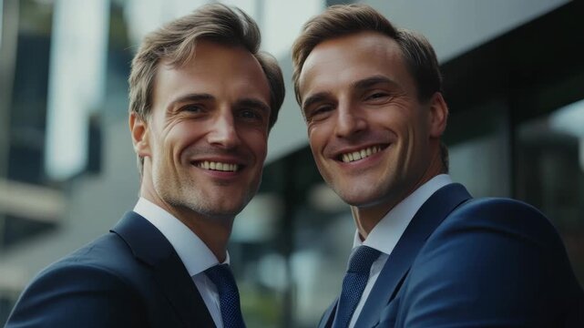 Two professional men in suits, smiling and posing together for a videograph.