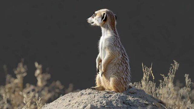 The meerkat is sitting alertly on a rocky outcrop in the wilderness.