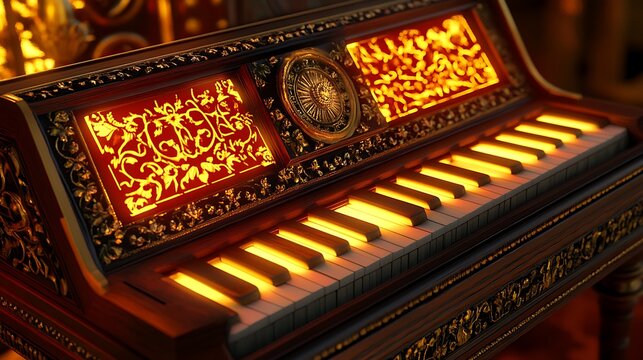 A realistic glowing harmonium with detailed craftsmanship and ambient lighting 