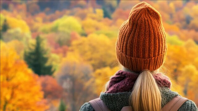 Woman wears knit hat in vibrant foliage scene.