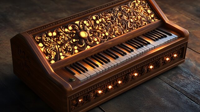 A realistic glowing harmonium with detailed craftsmanship and ambient lighting 