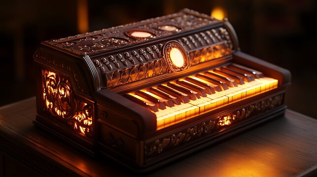 A realistic glowing harmonium with detailed craftsmanship and ambient lighting 