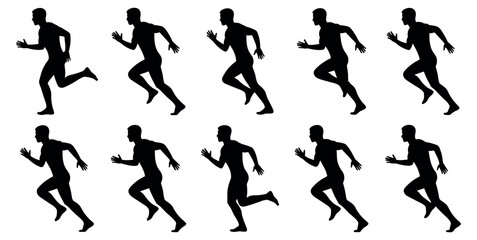 Male running silhouette collection, black vector runner figures showing motion and athletic action for fitness sport and training design on transparent background © gerik_a
