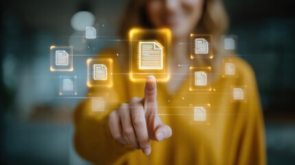 A woman is pointing at a screen with a yellow button that says "click here"