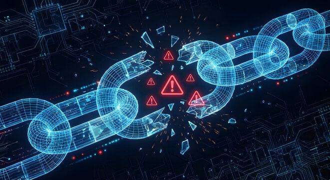 cybersecurity concept with broken digital wireframe chain links and red warning alert icons representing data breach network failure system vulnerability and blockchain security risk