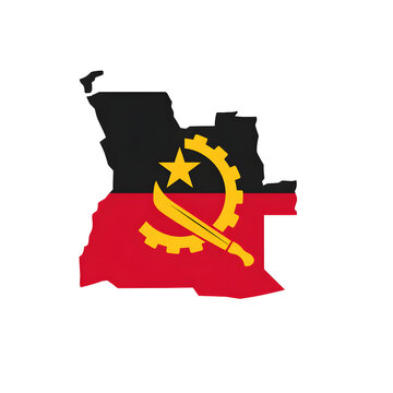 Minimal vector illustration of Angola country outline filled with a stylized Angolan flag. Clean sharp edges, flat colors, modern infographic style, isolated on white background.