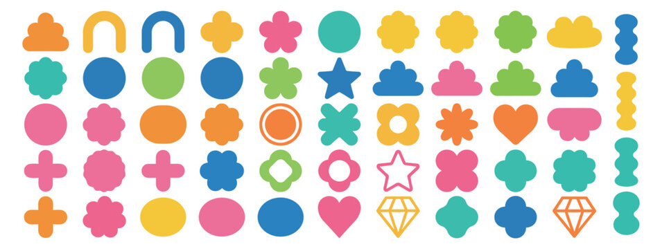 Colorful abstract shape icon set, flat vector geometric elements including circles stars hearts flowers and clouds on transparent background