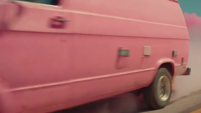Pink van driving through vibrant smoke cloud in desert setting