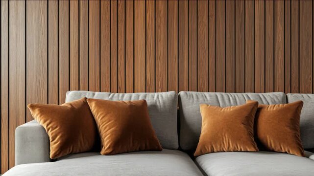 Modern interior design with sleek gray sofas and gold pillows against a wooden backdrop.