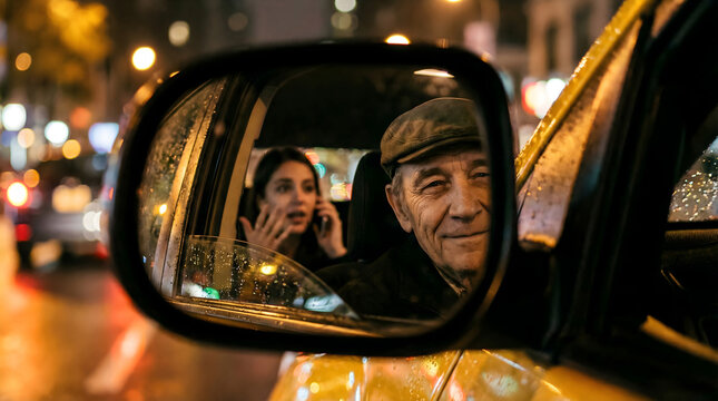 Reflection of smiling senior taxi driver and female passenger talking on phone in car wing mirror. Rainy night city transportation concept
