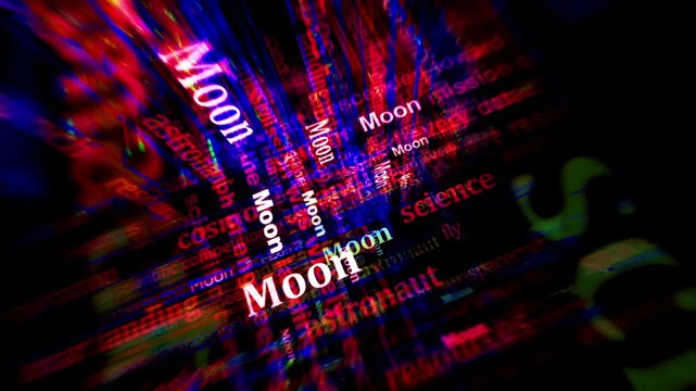 Moon landing and exploration headline news titles across media. Abstract concept displays loop. Flight between screens with glitch effect seamless looped 3d.