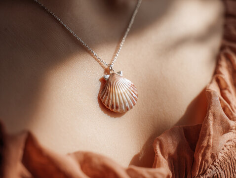 Woman wearing a delicate seashell pendant necklace with soft lighting and textured fabric neckline in warm earthy tones