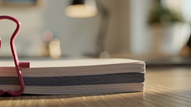 Close-up shot of a bright red binder clip gripping a stack of papers on a wooden desk with a softly blurred background