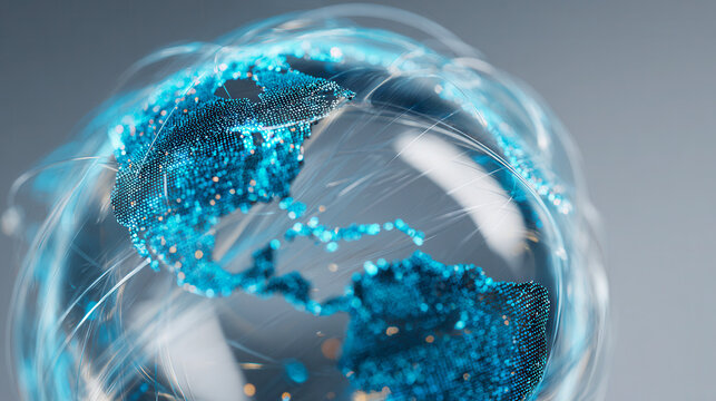 Transparent glass globe featuring a digital blue depiction of the Americas connected by fiber optic strands symbolizing global data and communication networks
