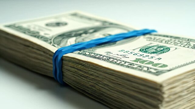 Close-up shot of a thick stack of U.S. hundred-dollar bills bound with a blue strap, indicating cash reserves