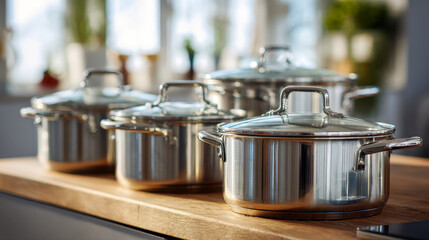 Variety of shiny stainless steel pots with glass lids arranged on a wooden countertop in a sunlit modern kitchen setting with blurred background elements