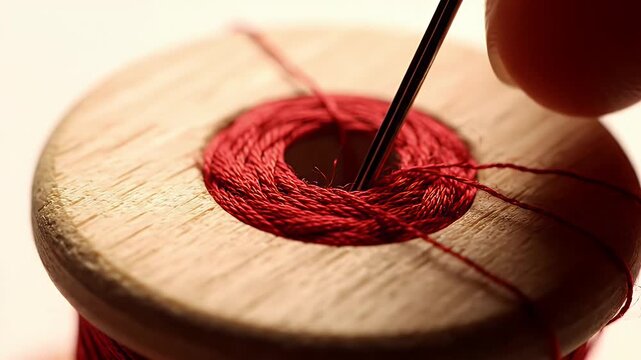 Close-Up View of a Wooden Spool with Red Thread Wound Around It in Warm Lighting