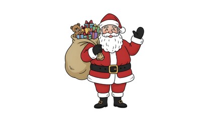 Cartoon Santa Claus Waving With Gift Sack Isolated