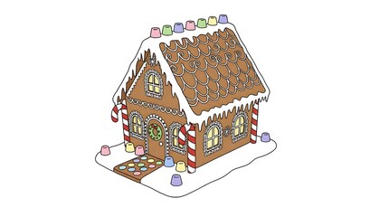 Christmas gingerbread house illustration, white background.